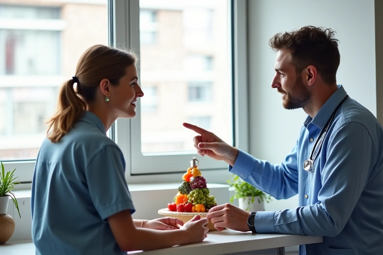 A doctor and a patient discussing diet recommendations for managing diabetes in a clinic setting.